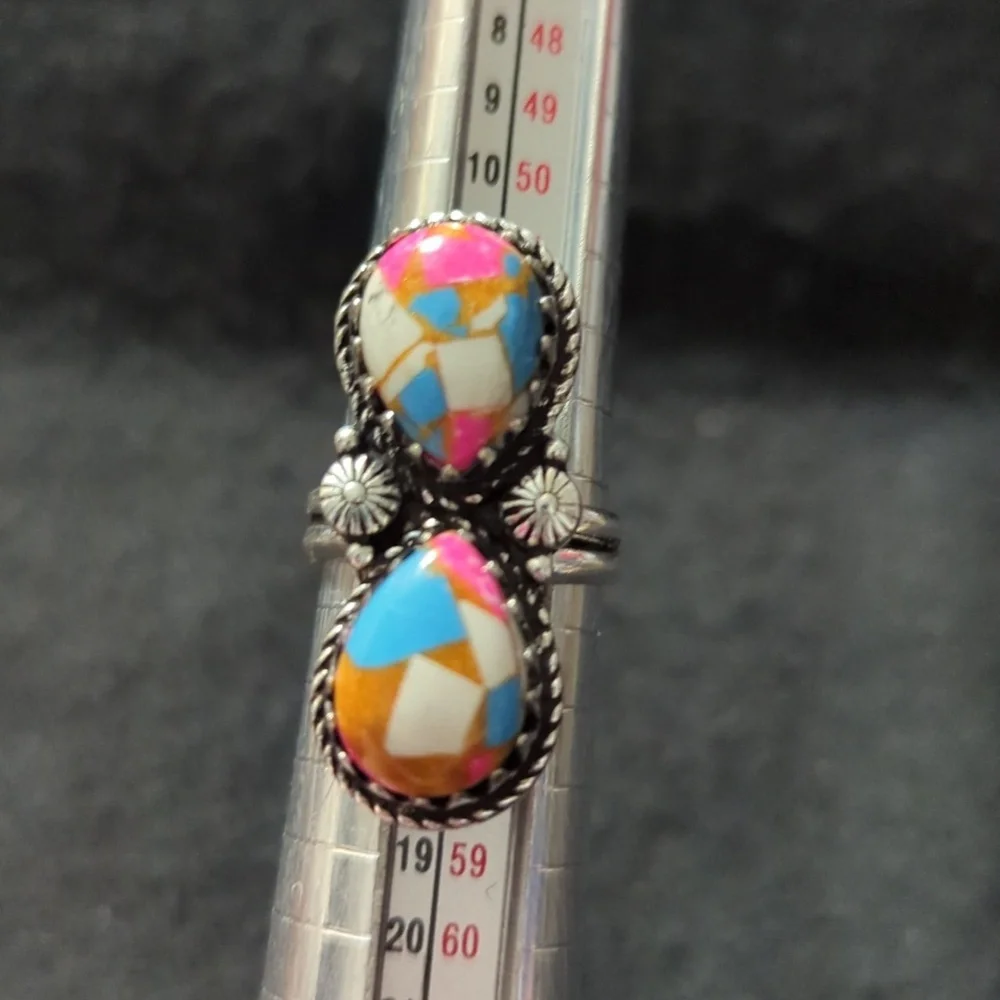 Silver Plated Pink Blue Cotton Candy Dahlia Turquoise Gemstone Statement Ring